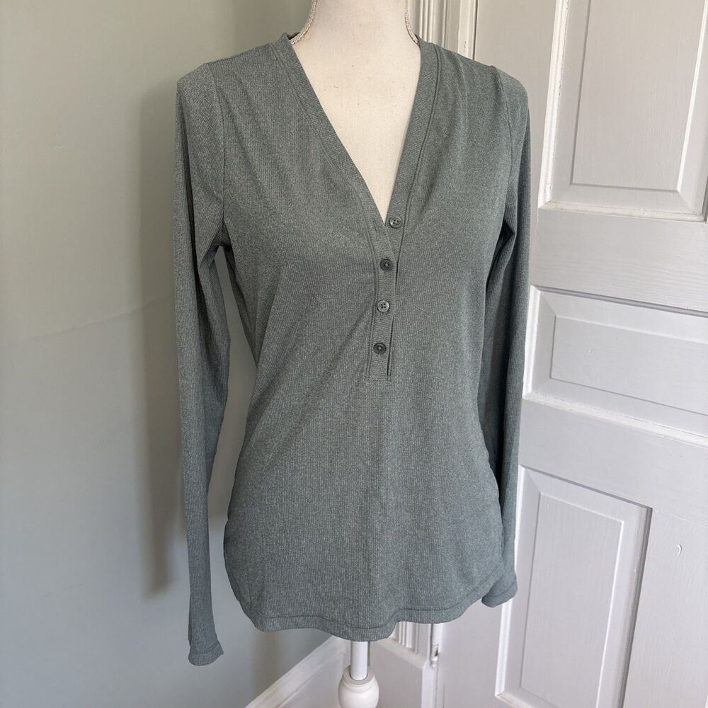 Athleta Shirt‎ Womens Medium Teal Green Uptempo Henley Ribbed V-Neck Athleisure